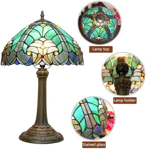 Blivuself Tiffany Lamp Green Liaison Style Stained Glass Table Lamp W12H18 Inch Antique Table Lamp Metal Base Desk Reading Light for Living Room Bedroom Bar Art Craft