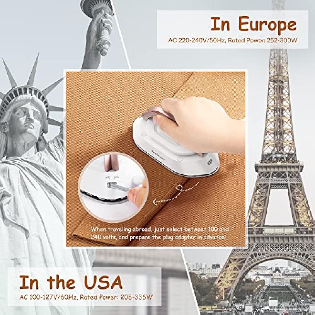 Newbealer Travel Iron - Mini Iron with Dual Voltage-220V/120V for Clothes, Compact Iron with Small Pouch for Global Travel, Quilting & Sewing, Gold