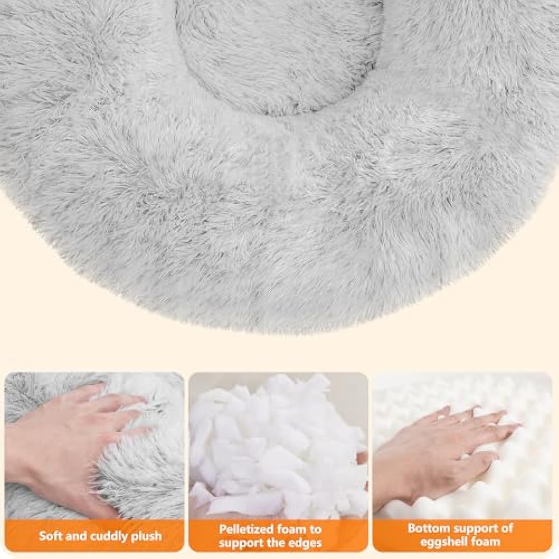 HMTOPE Dog Bed Round Orthopedic Dog Cushion Egg Crate Foam Dog Sofa Cat Bed Donut Cosy Dog Basket Washable (80 × 80 × 20cm, Light Grey)