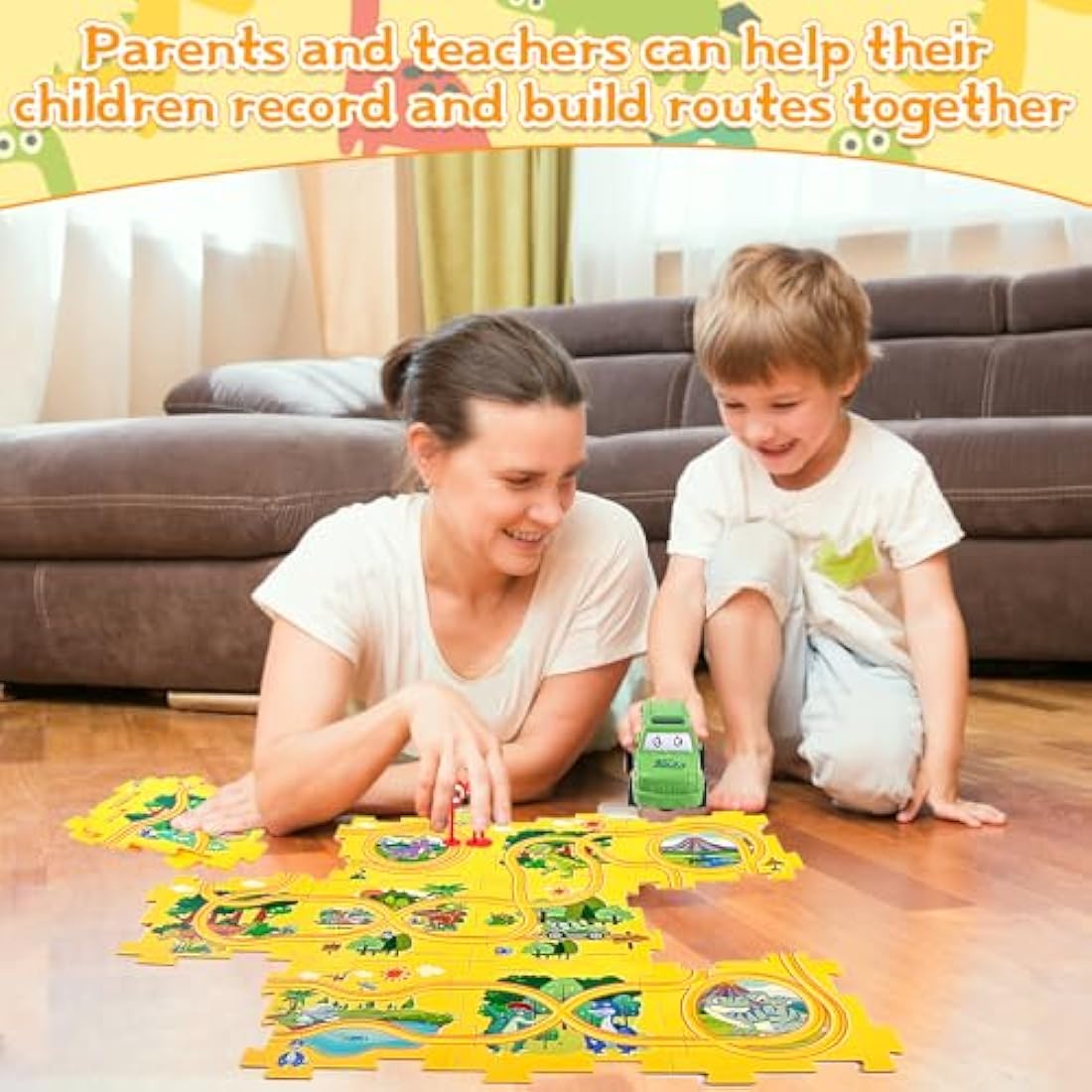 Pipihome DIY Assembling Electric Trolley, Puzzle Car Track Set with Vehicles, Car Track Toy, Race Tracks for Boys Age 3, Rail Car Building Montessori Toys for 3+ Year Old Boys & Girls, Dinosaur