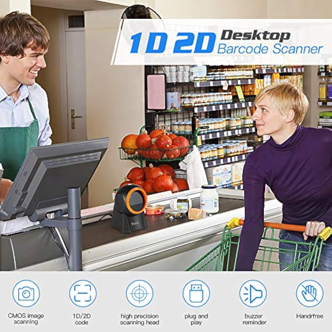Eyoyo Hands-Free 1D 2D Desktop Barcode Scanner, QR Barcode Reader Support Screen Scanning Platform Scanner for Warehouse, Supermarket, Retail store, Bookstore Pos System
