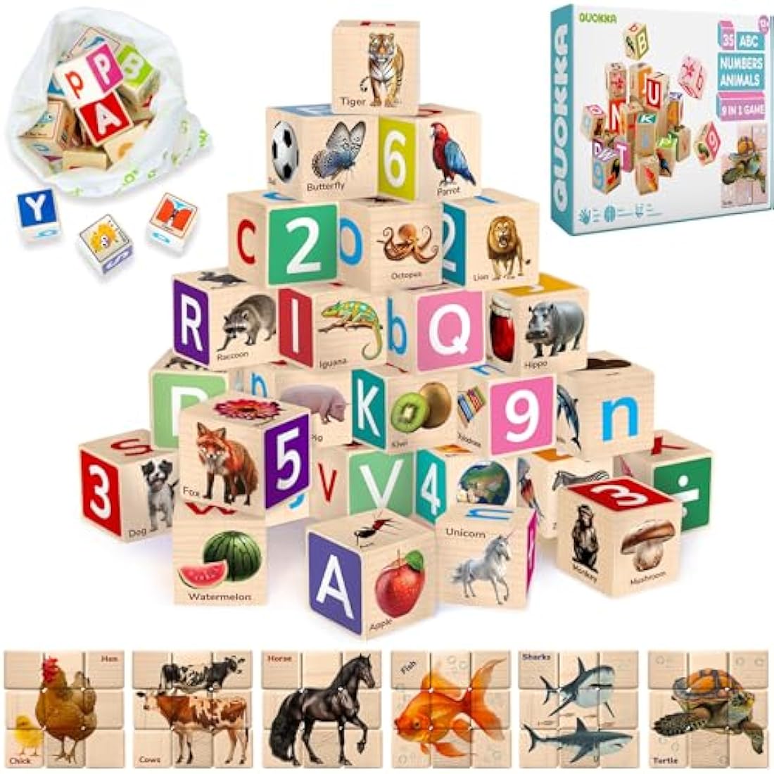 QUOKKA Wooden Blocks for Toddlers 1-3 - Realistic ABC Learning Baby Blocks for Kids 3-5 Year Olds - Stacking Alphabet Wood Toys for 2-4 yo - Learn Letters Numbers