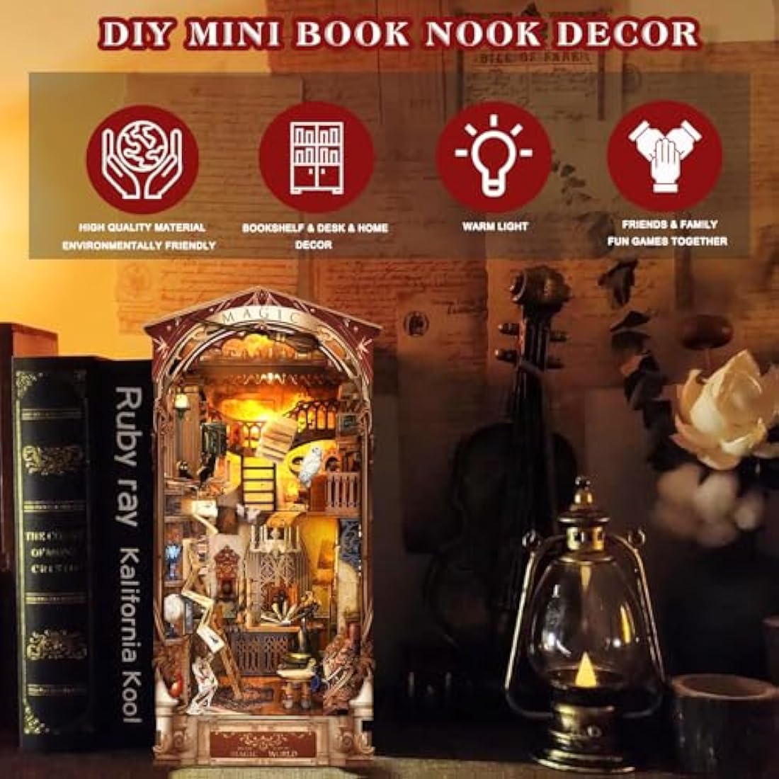 Spilay DIY Book Nook Kit, DIY Puppenhäuser holz Miniatur Haus Möbel Kit Mit LED-Licht,Schutzhülle,3D Holzpuzzle Buchstütze Bücherregal Dekoration,Buchstützen Modell Build-Creativity Kit-SQ14