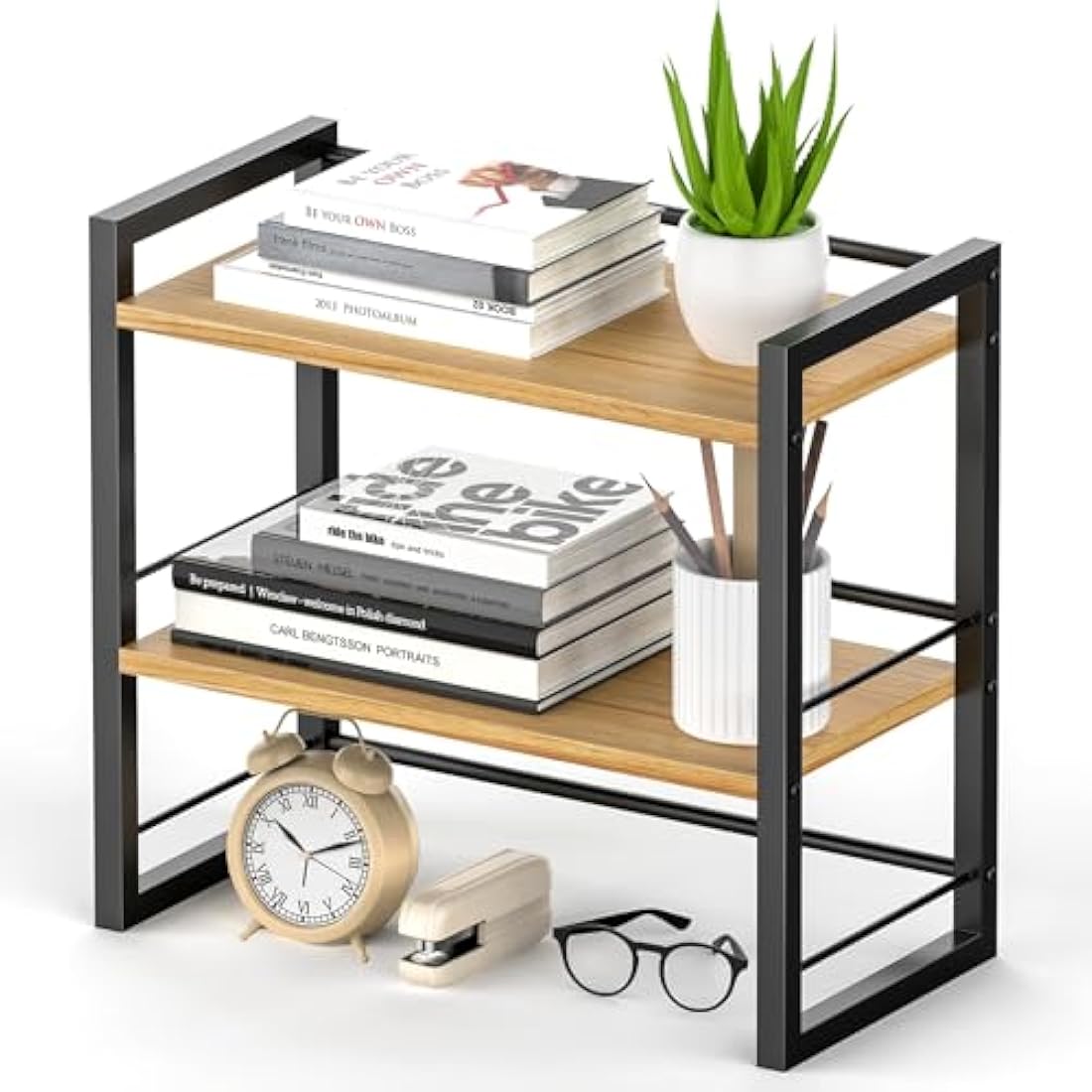 THYGIFTREE Office Desk Shelf Organizer, Wood Desktop Bookshelf Supplies Storage Rack, Shelf for Top of Desk and Dresser (Black)
