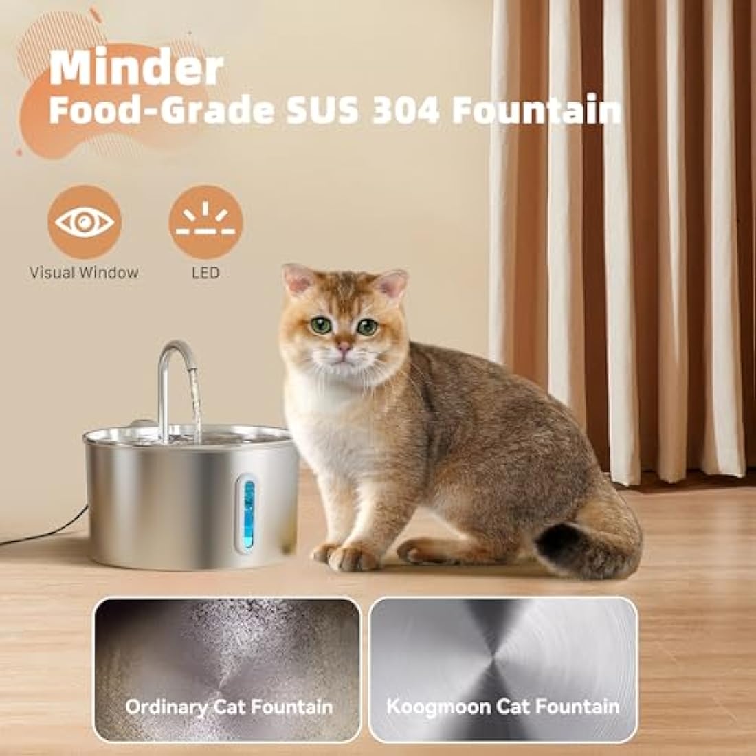 KOOGMOON Cat Fountain: 2.2L Stainless Steel - Quiet, Compact, Easy to Clean - For Cats
