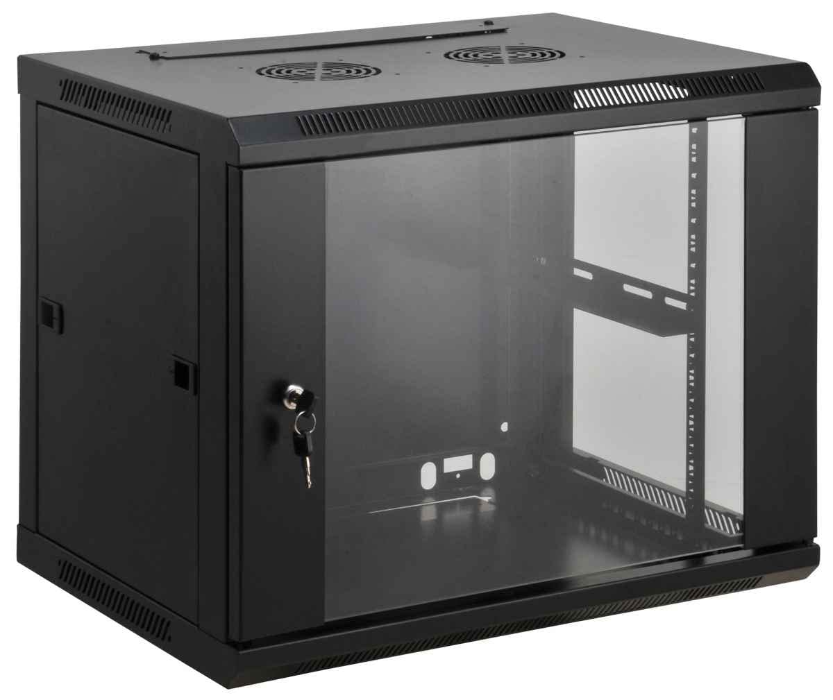 Intellinet Network Cabinet, Wall Mount (Standard), 9U, 450 mm Deep, Black, Assembled, Max 60 kg, Metal & Glass Door, Back Panel, Removeable Sides