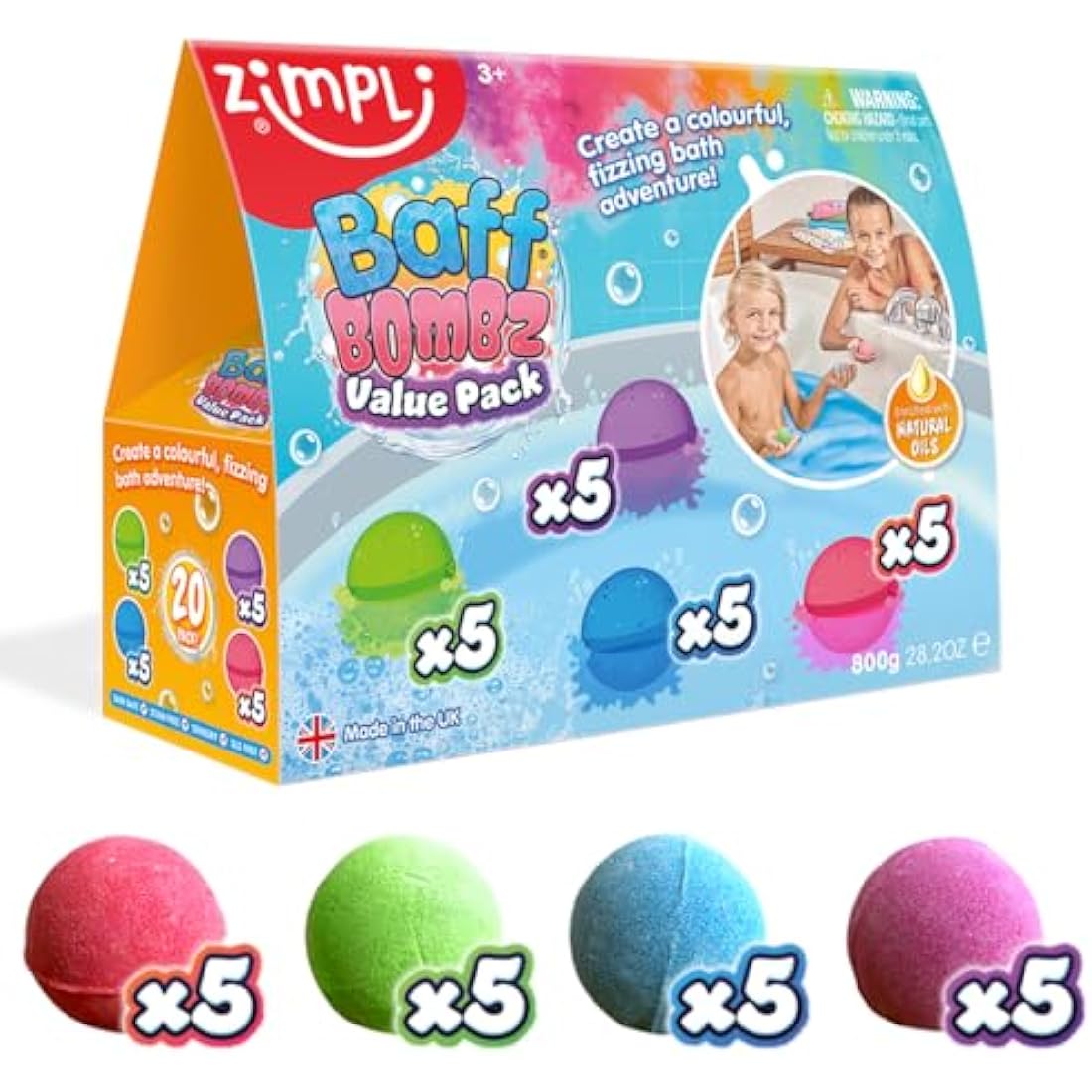 Zimpli Kids - 20 x Baff Bombz, Creates a Fizzing, Bath Time Adventure, Bubble Bath Bomb Gift Box, Party Bag Favours, Goody Bag Fillers for Children, Organic & Moisturising, Birthday Gifts for Kids
