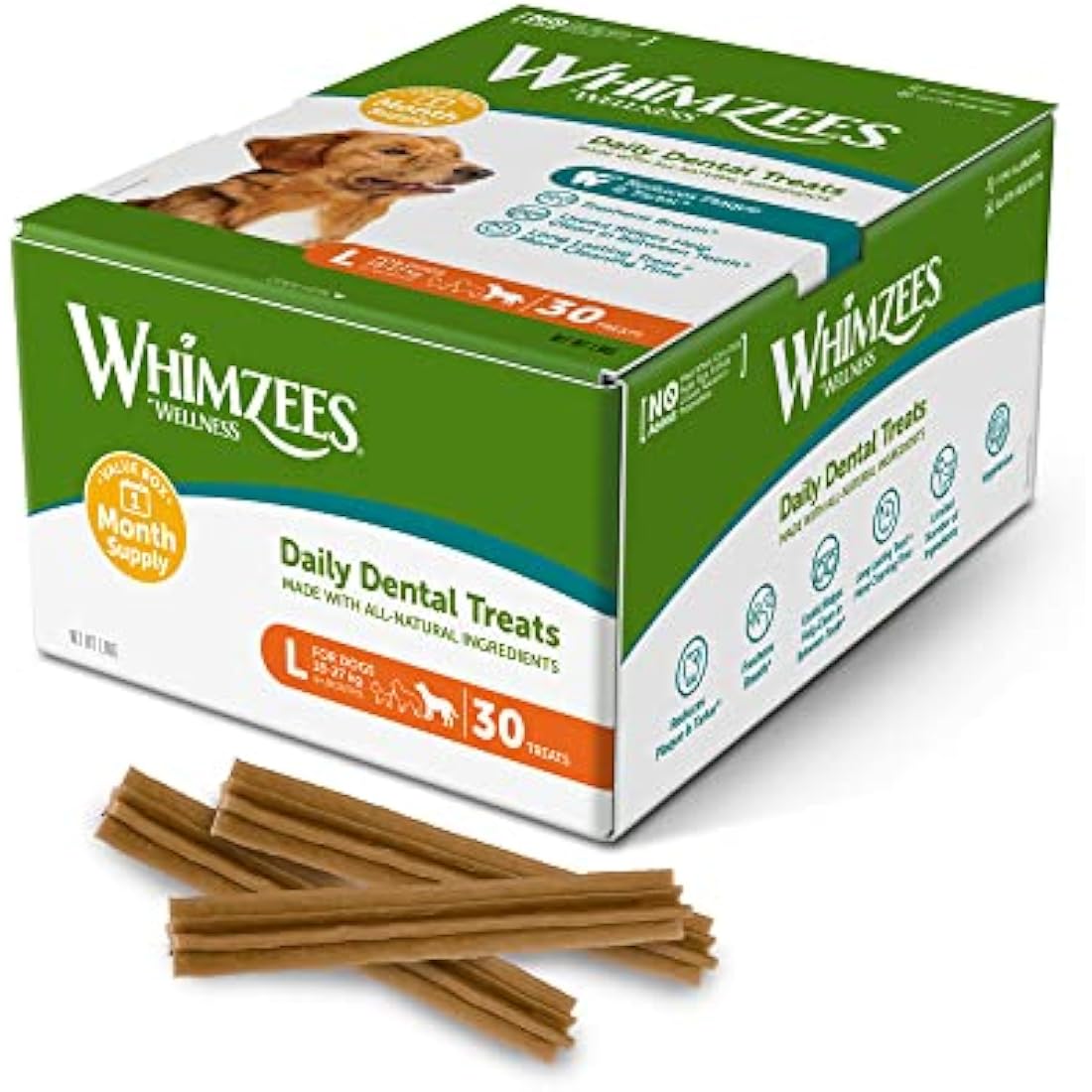 WHIMZEES By Wellness Stix, Dog Dental Sticks, 30 Pieces (1 Month Supply), Size L, Dog Chews for Large Breeds, Natural, Grain-Free, Rawhide-Free, Vegetarian