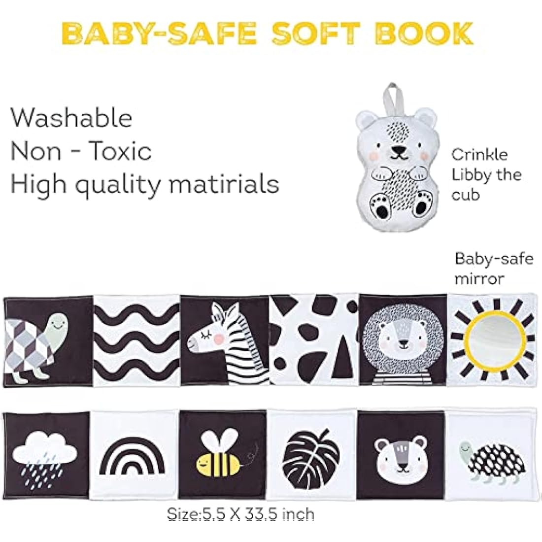Taf Toys Savannah Black and White 3 in 1 Newborn Baby Pram Book. High Contrast Sensory Soft Double-sided Tummy Time Book with Lion Cub Toy & Baby-safe Mirror. Gift Suitable for Boys & Girls from Birth