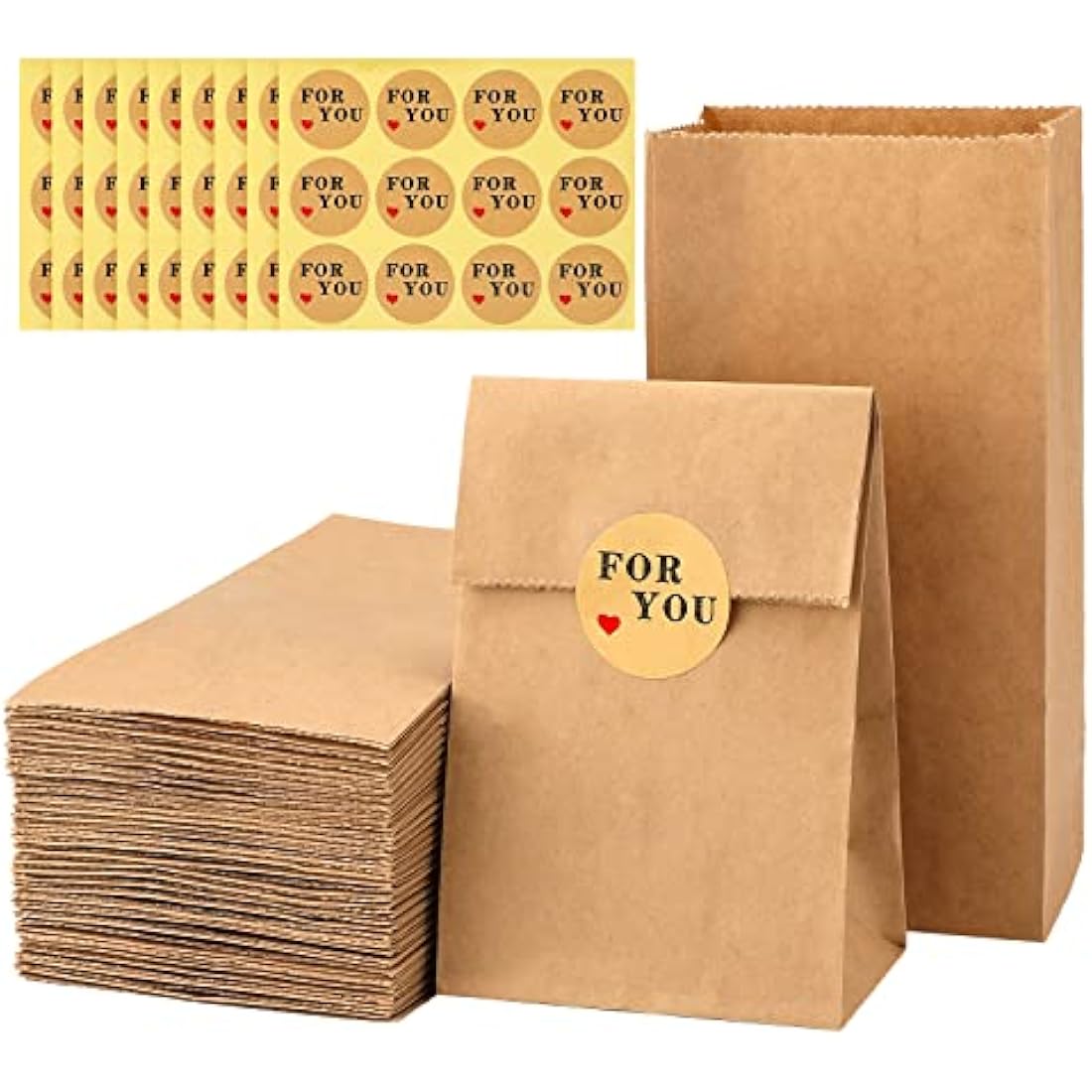 G2PLUS 50 PCS Brown Paper Bags - Small 9x6x18 CM Kraft Candy Bags with Stickers for Snack, Birthday, Wedding and Easter Xmas Party