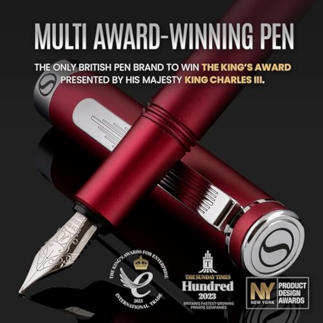 Scriveiner Luxury EDC Fountain Pen (Fine), Stunning Matt Red with Chrome Finish, Schmidt German Nib, Converter, Best Writing Gift Set for Men & Women, Nice Fancy Office Designer Pocket Pen