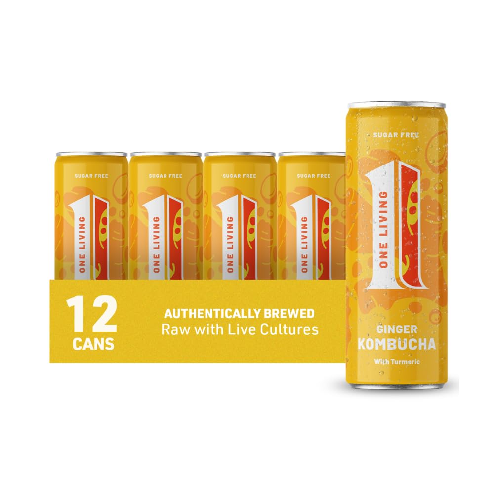 One Living Kombucha Drink - Ginger with Turmeric - 12 x 250ml Cans - Sugar Free, Great Tasting Authentically Brewed Kombucha with Live Cultures -