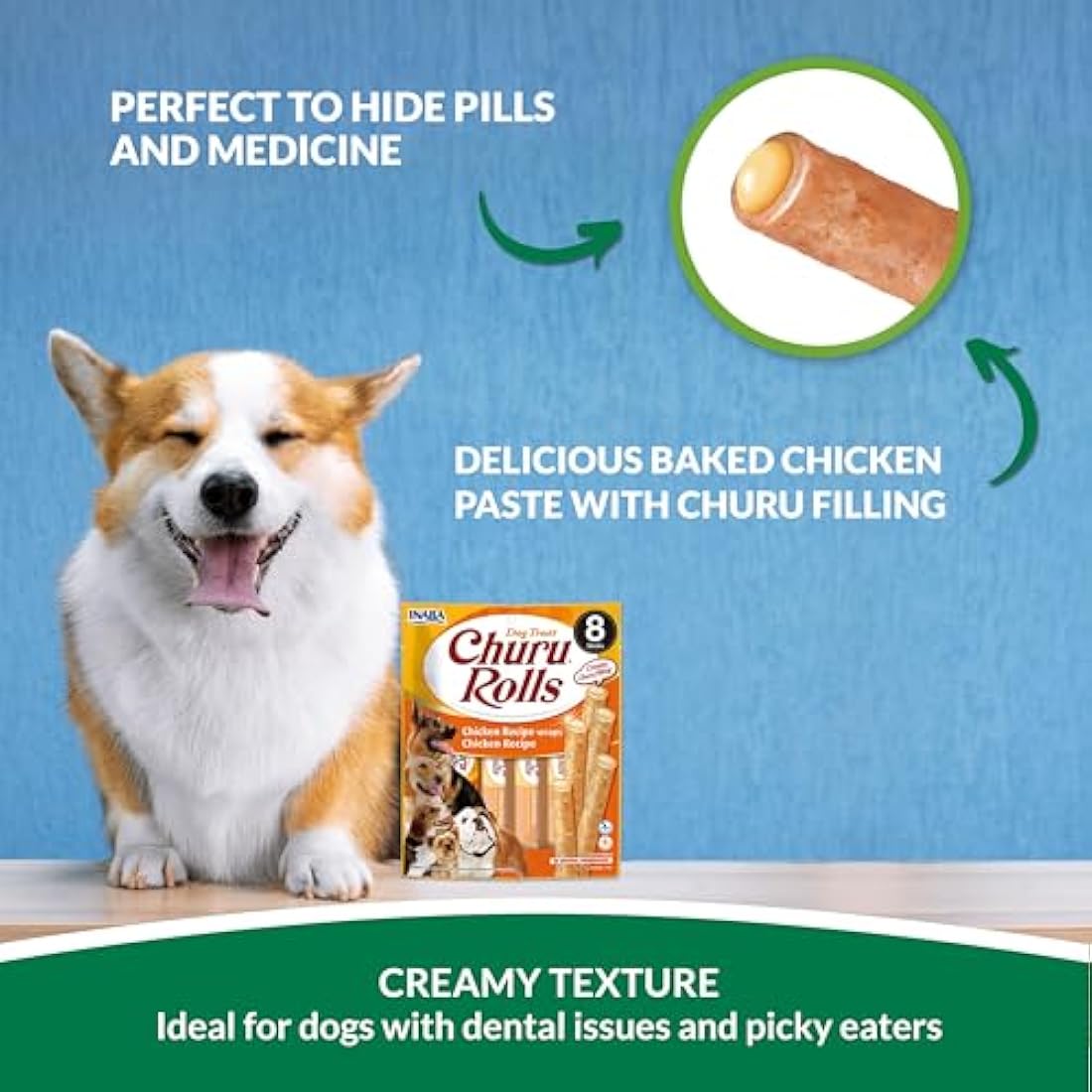 Churu Rolls by INABA Dog Treat - Chicken & Salmon Flavour 8 Pack (64 x 12g total) / Crispy Sticks with Creamy Filling Dog Treat, Delicious & Healthy Snack, Hand Feeding, Training, Natural, Grain Free