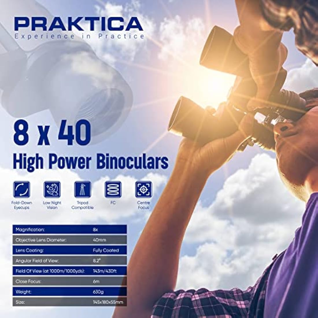 Praktica Falcon 8x40mm Porro Prism Field Black Binoculars - Fully Coated Lenses, Sturdy Construction, Aluminium Chassis, Sharp Clear Image, Bird Watching, Sailing, Hiking, Sightseeing, Astronomy