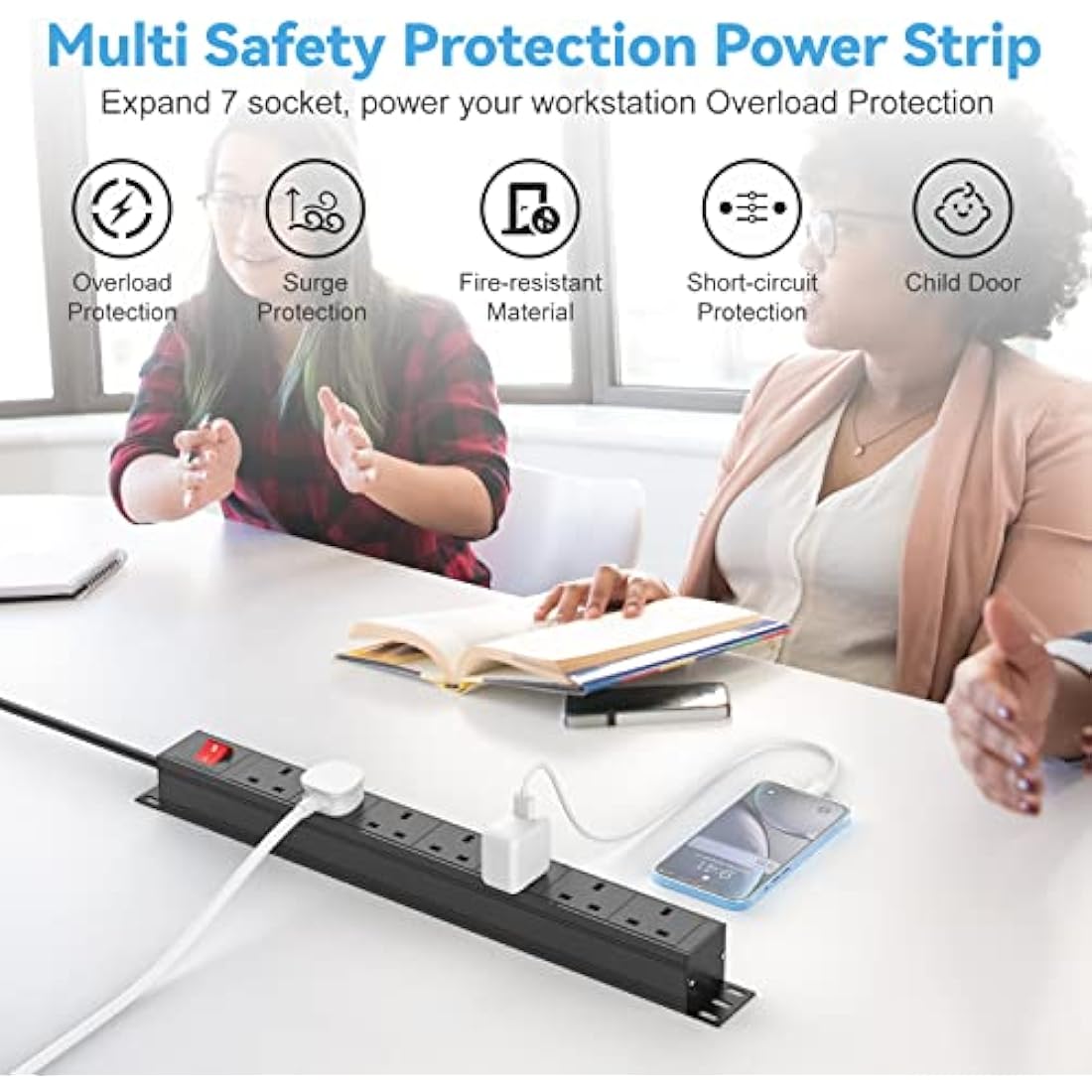 Surge Protected Extension Lead 3M, HANNELORE 7 Way Power Strip with Switch, Power Distribution Unit PDU Rack Mount Power Strip, 13Amp Multi Plug Extension Sockets for Home, Office and Industrial Use