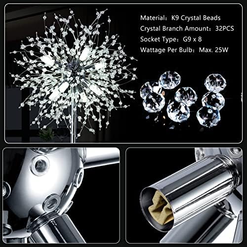 Rayofly Modern Crystal Fireworks Floor Lamps, Chrome Standing Lamp with Foot Switch, 8 Lights, 170cm, Glass Metal Tall Pole Tree Lighting for Living Room, Bedroom, Corner, Sofa