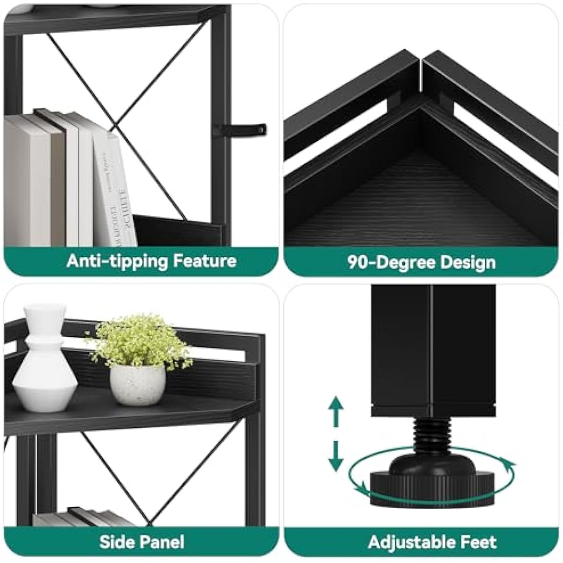 YITAHOME Corner Shelf 4 Tiers, Industrial Bookshelf with Cabinet Floorstanding Bookcase Wooden Storage Rack Shelving Units for Living Room, Home Office, Hallway, Black Book shelves