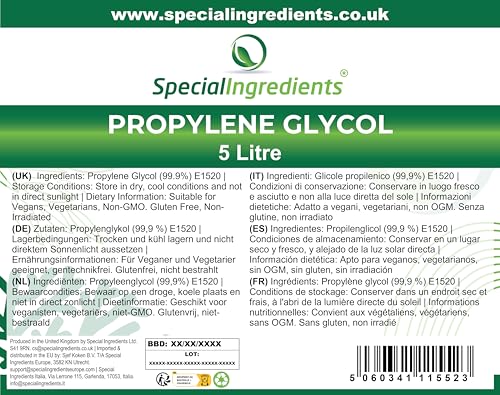 Mono-Propylene Glycol (MPG) 5 Litre Premium Quality USP/EP Pharma Food, Non GMO  Recyclable Container