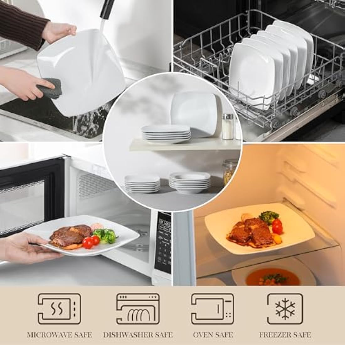MALACASA, Series Julia, 9.2" Dinner Plates Ivory White Square Porcelain Dinner Plate Set, Pack of 6 (23.5 * 23.5 * 2cm)