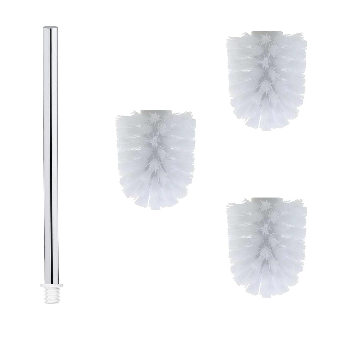 WAVEWO Stainless Steel Toilet Brush Set - 3 x Interchangeable Heads Diameter 6.5 cm + 1 x Rustproof Handle 27 cm - Interchangeable and Durable (White)