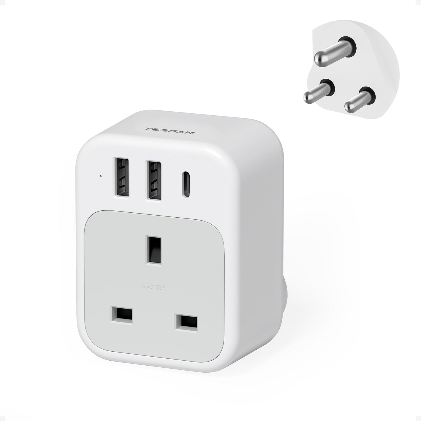 South Africa Plug Adapter, TESSAN UK to South Africa Plug Adapter with USB C and 2 USB A, 4 in 1 Travel Adaptor for Namibia, Botswana, Nepal,
