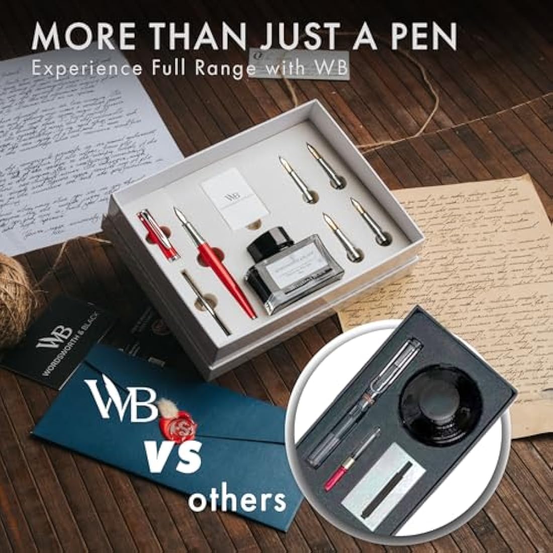 Wordsworth & Black Fountain Pen Gift Set, Includes Ink Bottle, 6 Ink Cartridges, A Refill Converter, 4 Replacement Nibs, Premium Package, Journaling, Calligraphy, Smooth Writing Pens [Red Chrome]