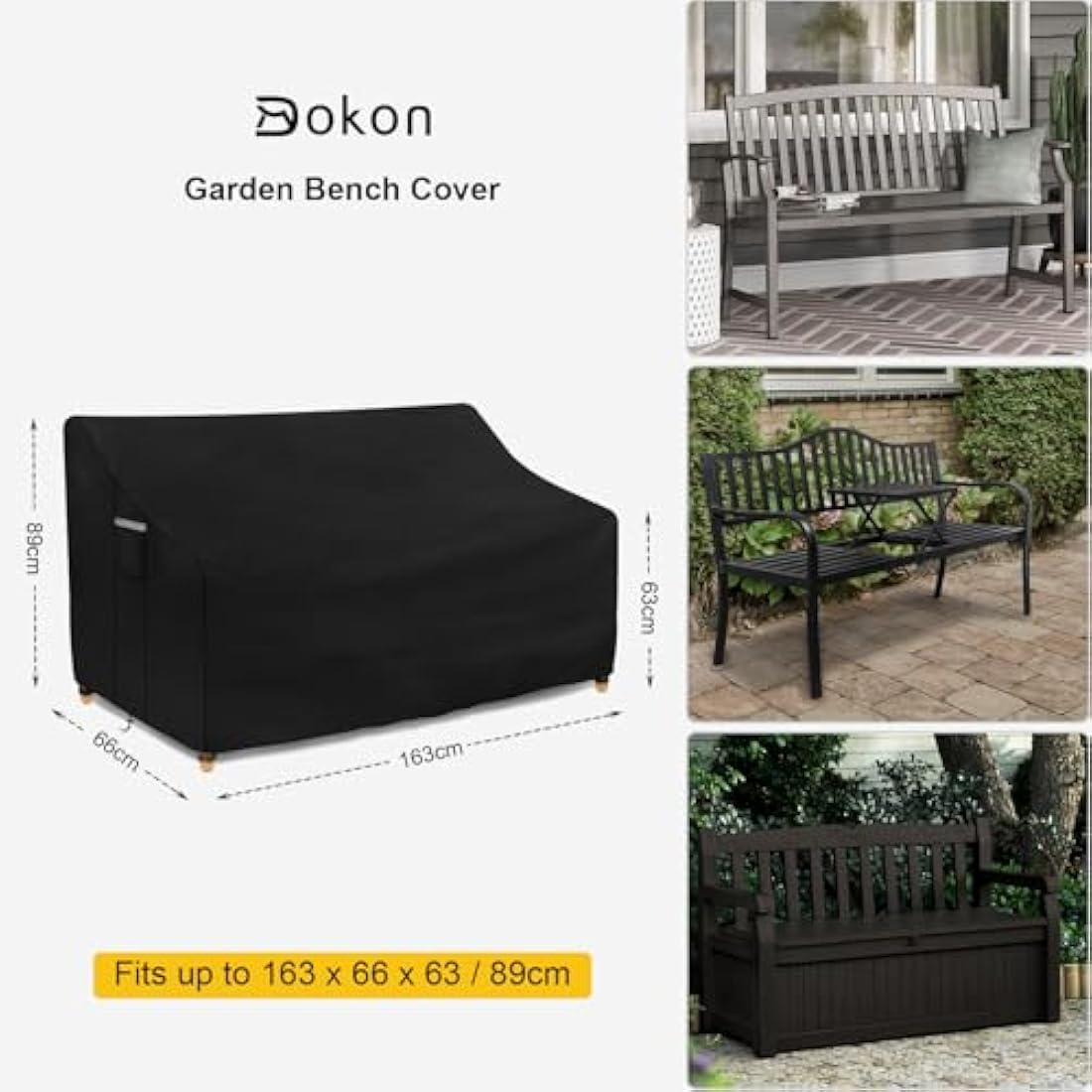 Dokon 3 Seater Garden Bench Covers Waterproof Heavy Duty 420D Oxford Fabric Windproof Anti-UV Outdoor Patio Bench Seat Cover with Air Vent, Garden Seat Covers - 163x66x63/89cm