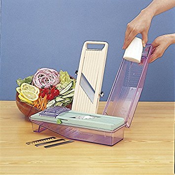 Benriner 3695 BN-3 Japanese Handheld Mandolin Slicer with Three Interchangeable Stainless-Steel Blades-Ivory, Vegetable Fruit Cutter Peeler, Stainless