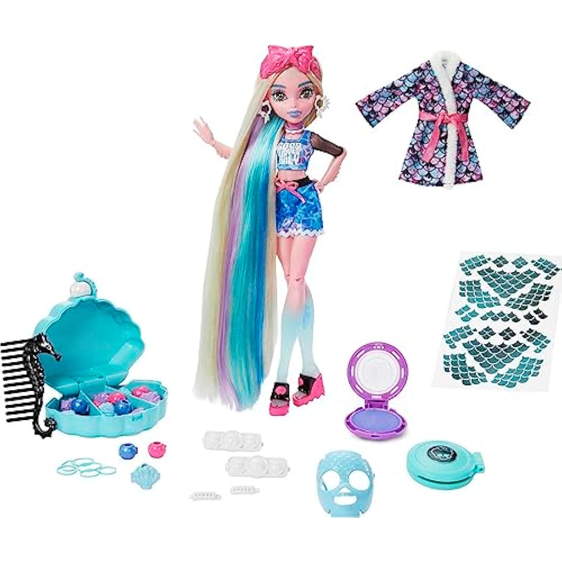 Monster High Doll, Lagoona Blue Spa Day Set with Wear and Share Accessories Like Hair Clips, Hair Chalk and Tattoos (HKY69)