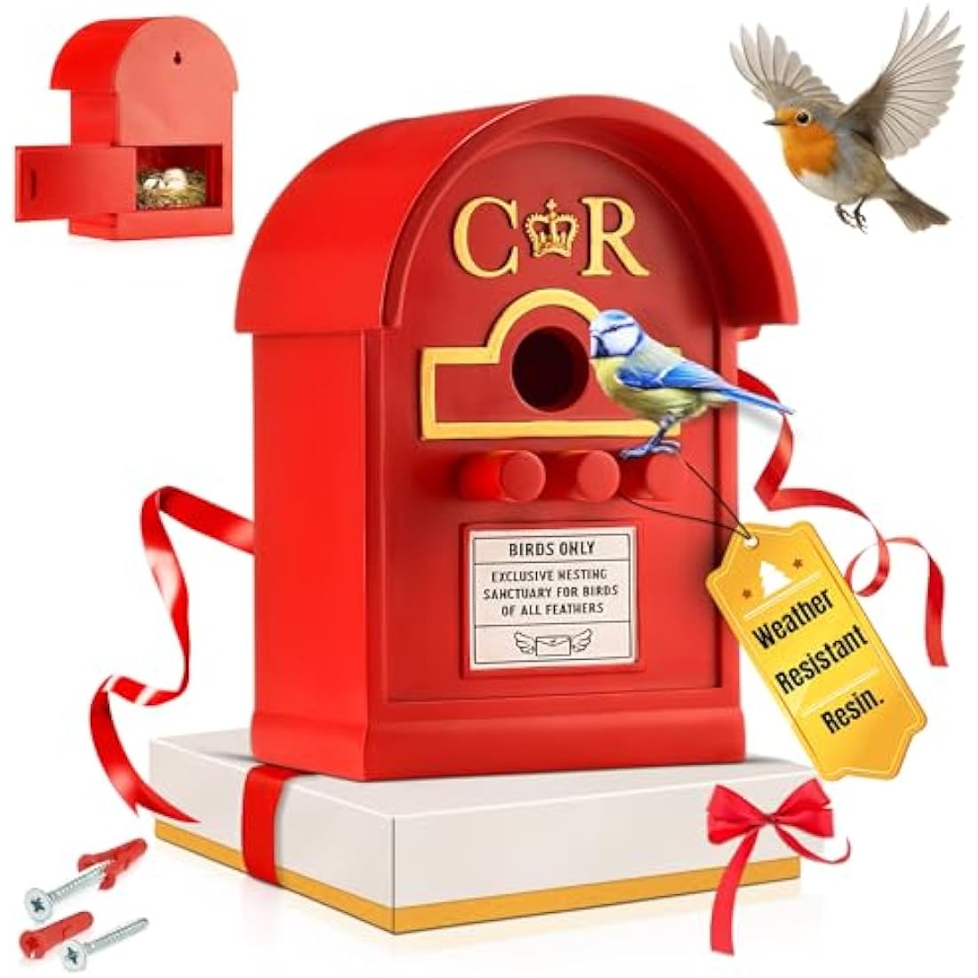Wrenbury Post Box Bird House for Small Birds - Hanging Nesting Bird Boxes for Gardens - Weather Resistant Resin - Postbox for Wild Birds - Wall Mounted