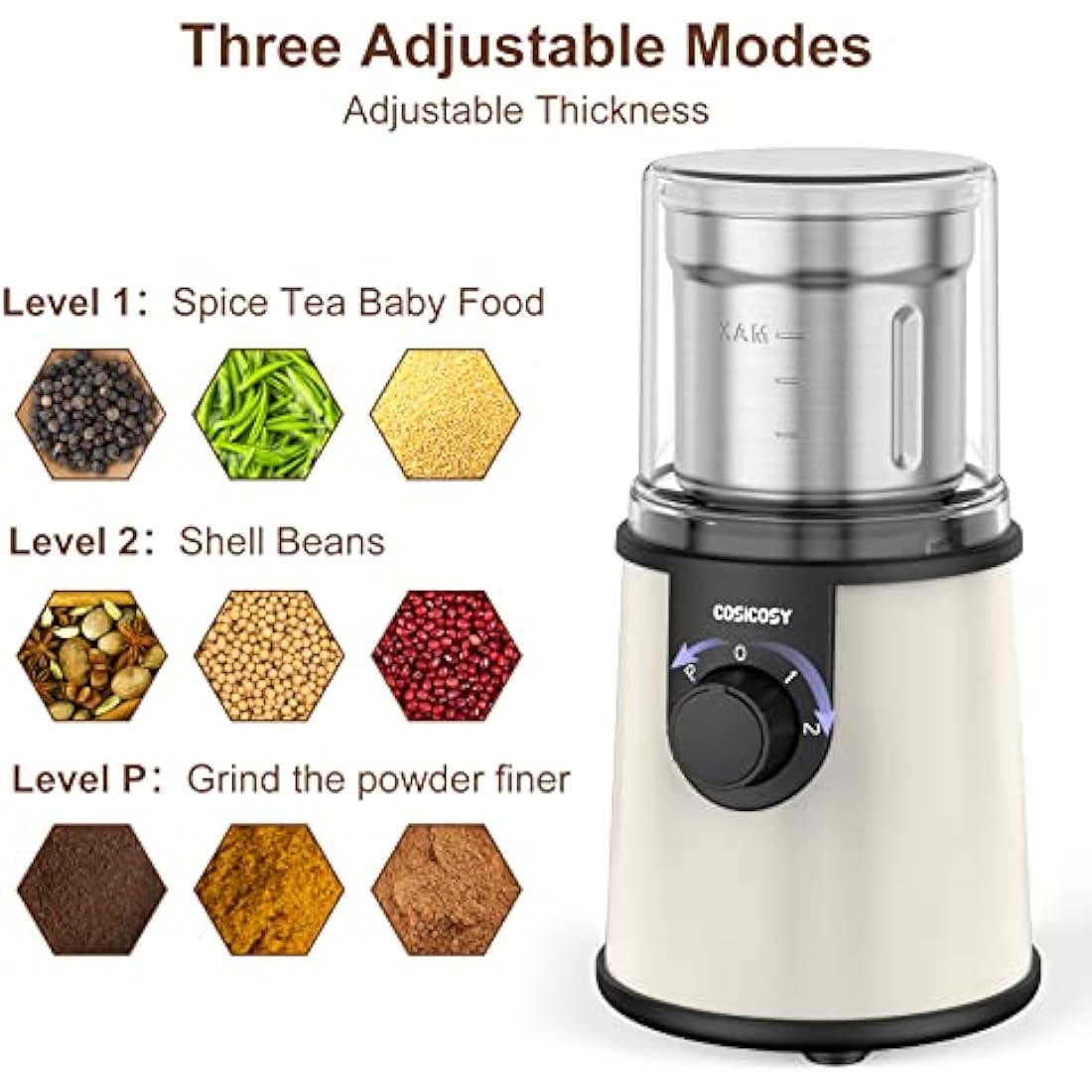 COSICOSY Electric Spice Grinder with 304 Stainless Steel Blades, Removable Bowls, 350W Motor Coffee Bean Machine with Spoon Brush for Beans, Nuts, Pepper, Beige