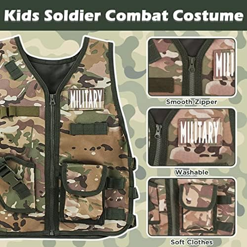 deAO Military Soldier Camouflage Desert War Costume Set with Helmet, Toy Shotgun, Grenades, Accessories and Storage Backpack - Great for Kids
