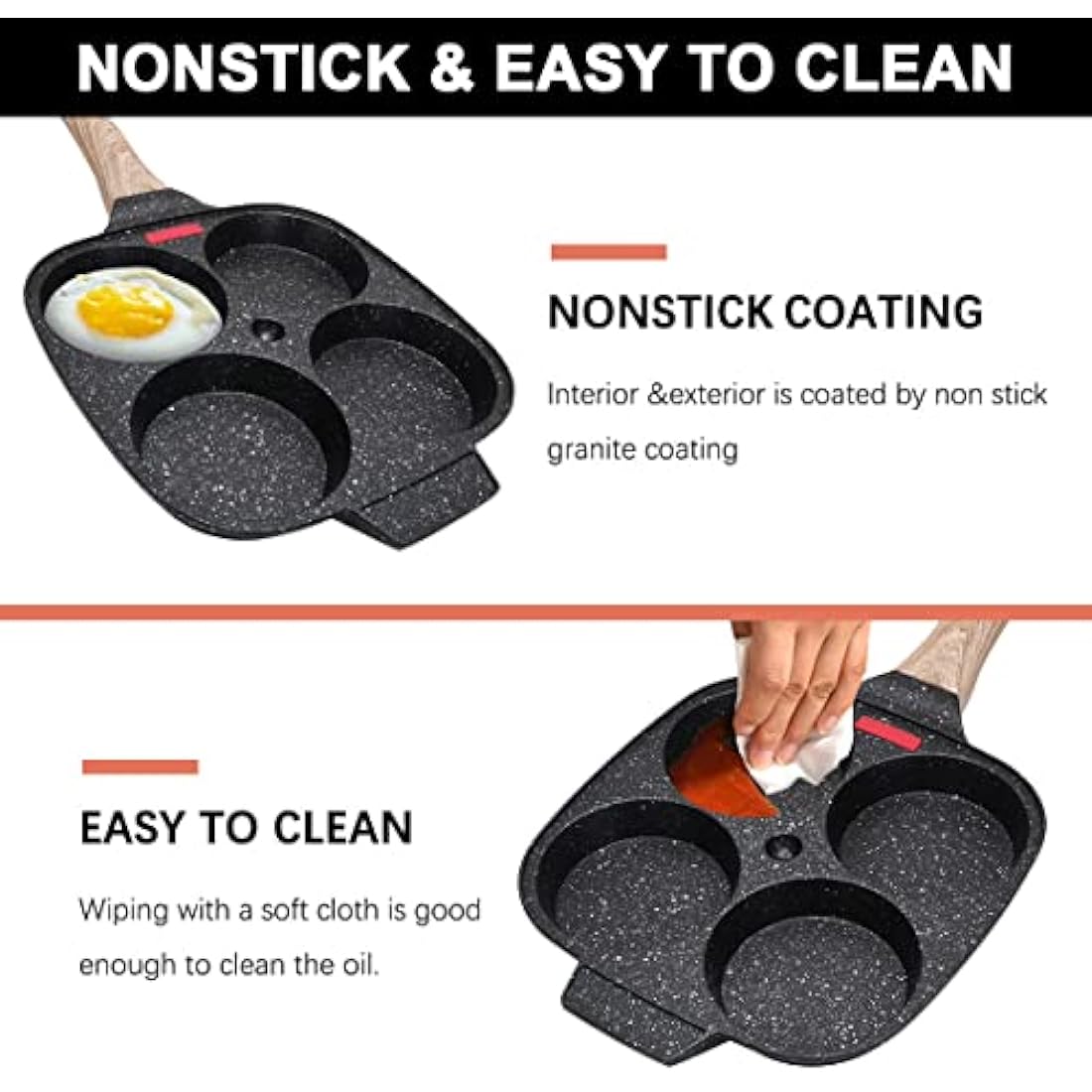 Bobikuke Pancake Pan Non Stick, 4 Hole Egg Frying Pan with Lid Burger Pan Multi Aluminum Fried Egg Pan for Breakfast - Black