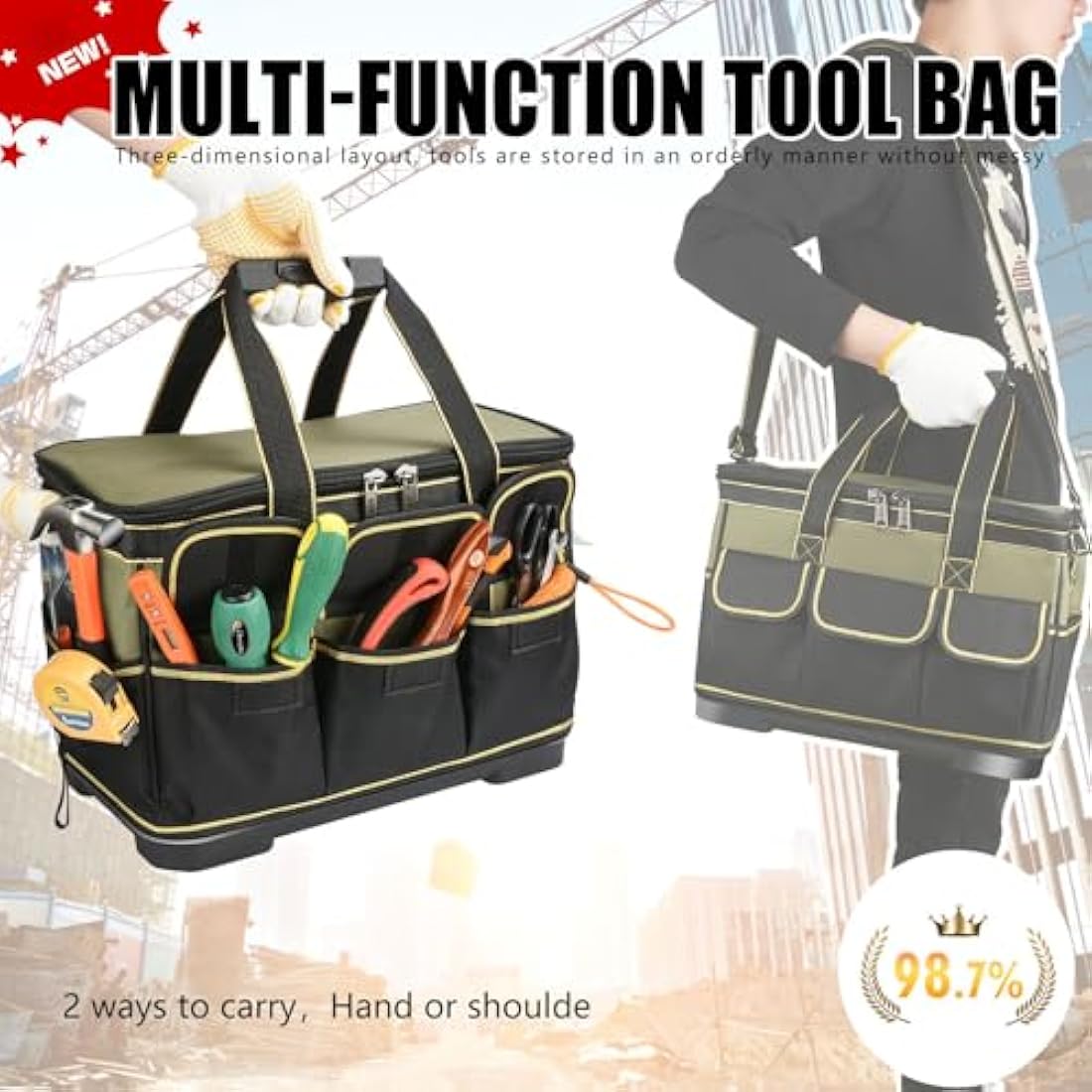 Noosverl Tool Bag,Large Tool Bag Storage Organiser Tote,Muti-Purpose with Adjustable Shoulder Strap Heavy Duty 40 x 23 x 28 cm