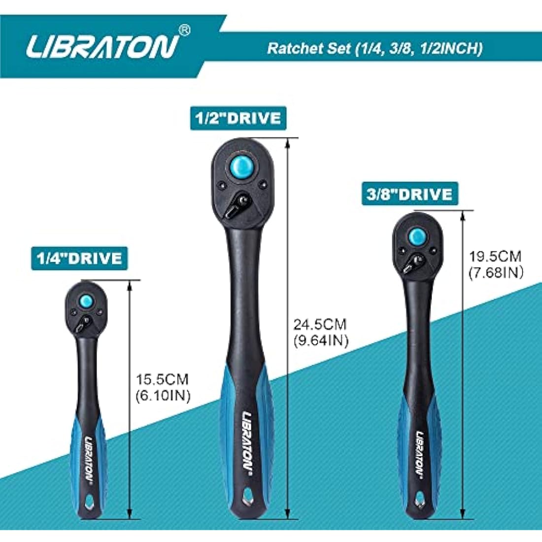 LIBRATON Ratchet Handle, 3 PCS 1/4", 3/8", 1/2" Heavy Duty Drive Ratchet Socket Wrench with Quick-Release Head, 72 Teeth, Reversible Design, Comfort Grip for Car Repair, EVA Organizer