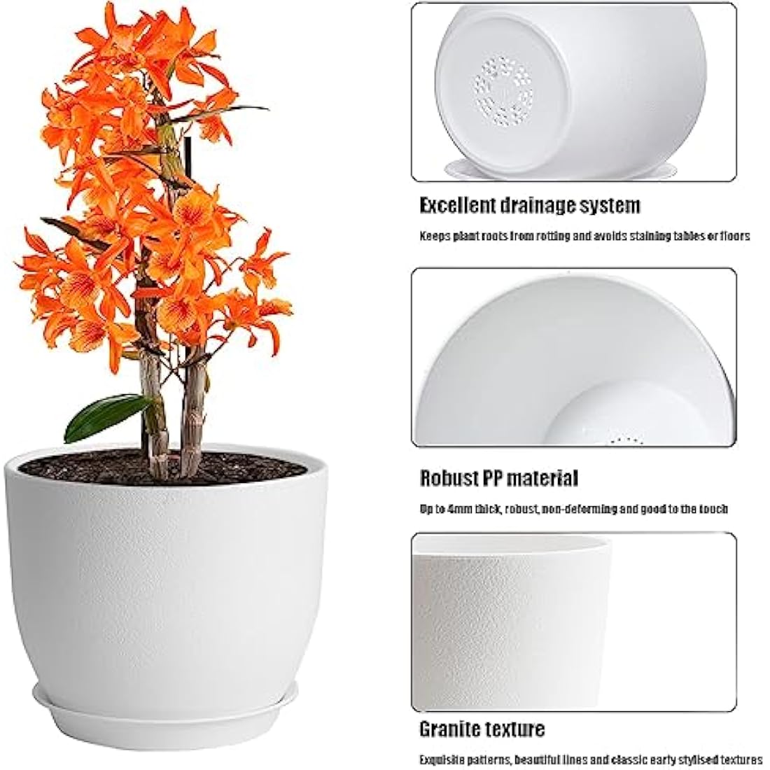 PROFIKLA 20cm, 18cm, 16cm Plastic Plant Pots, Plant Pots with Drainage Holes and Saucers, A Set of 3 Flower Pots, Modern Decorative Planters, White