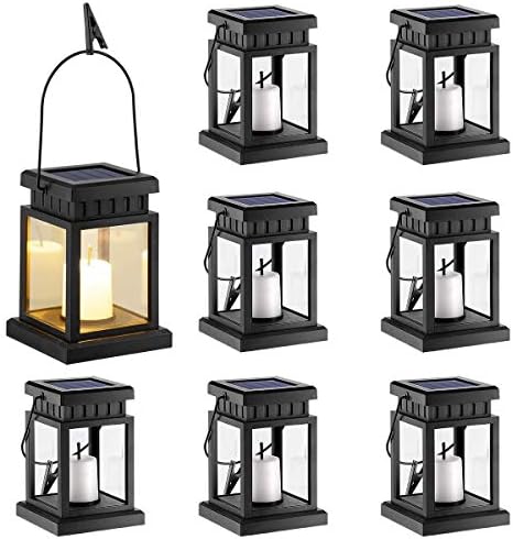 GIGALUMI Solar Hanging Lantern Outdoor, 8 Pack Solar Candle Lights with Stake for Garden,Patio , Lawn, Deck , Umbrella, Tent, Tree,Yard,Driveway(Warm White).