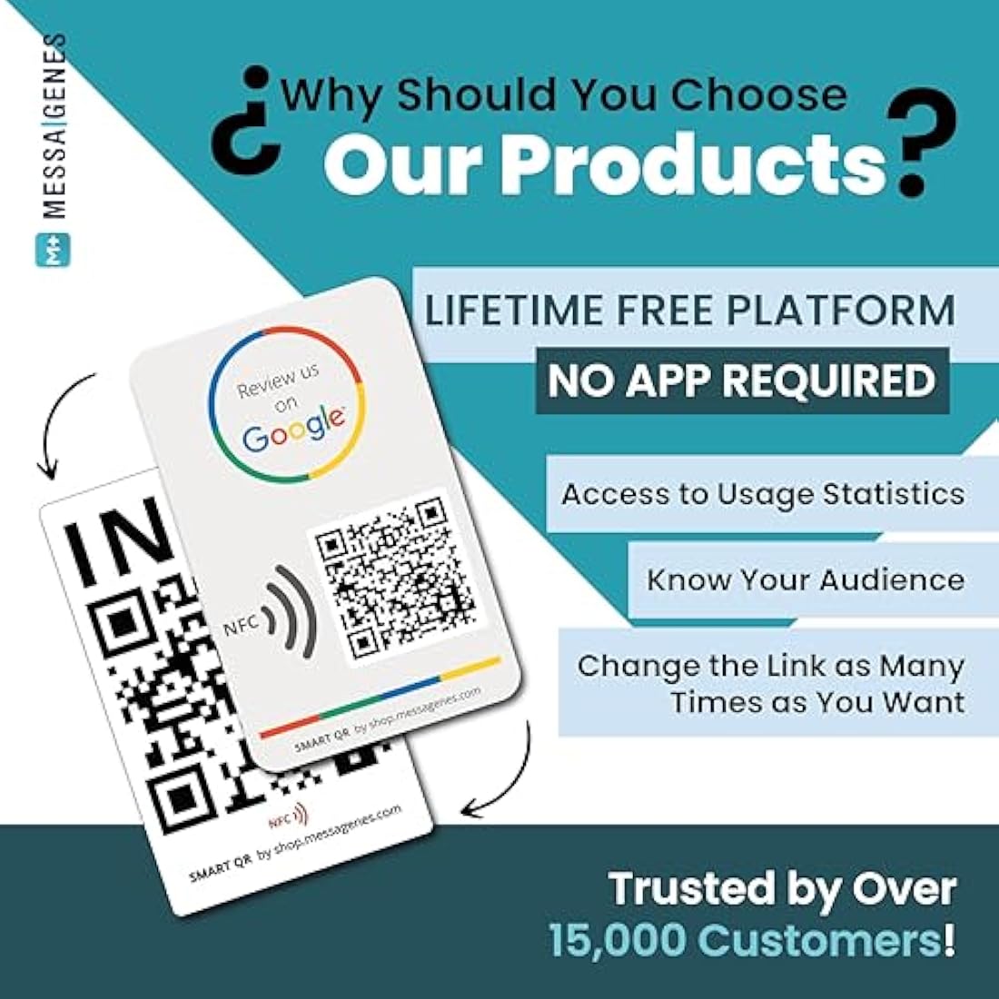 Reusable Review Tap Card for Google Reviews and Menu or Website- 2-Cards Pack - QR & Tap NFC Review + QR INFO Card - Review Us on Google Tap Card - iPhone & Android - Set Up at Home | by MESSAGENES