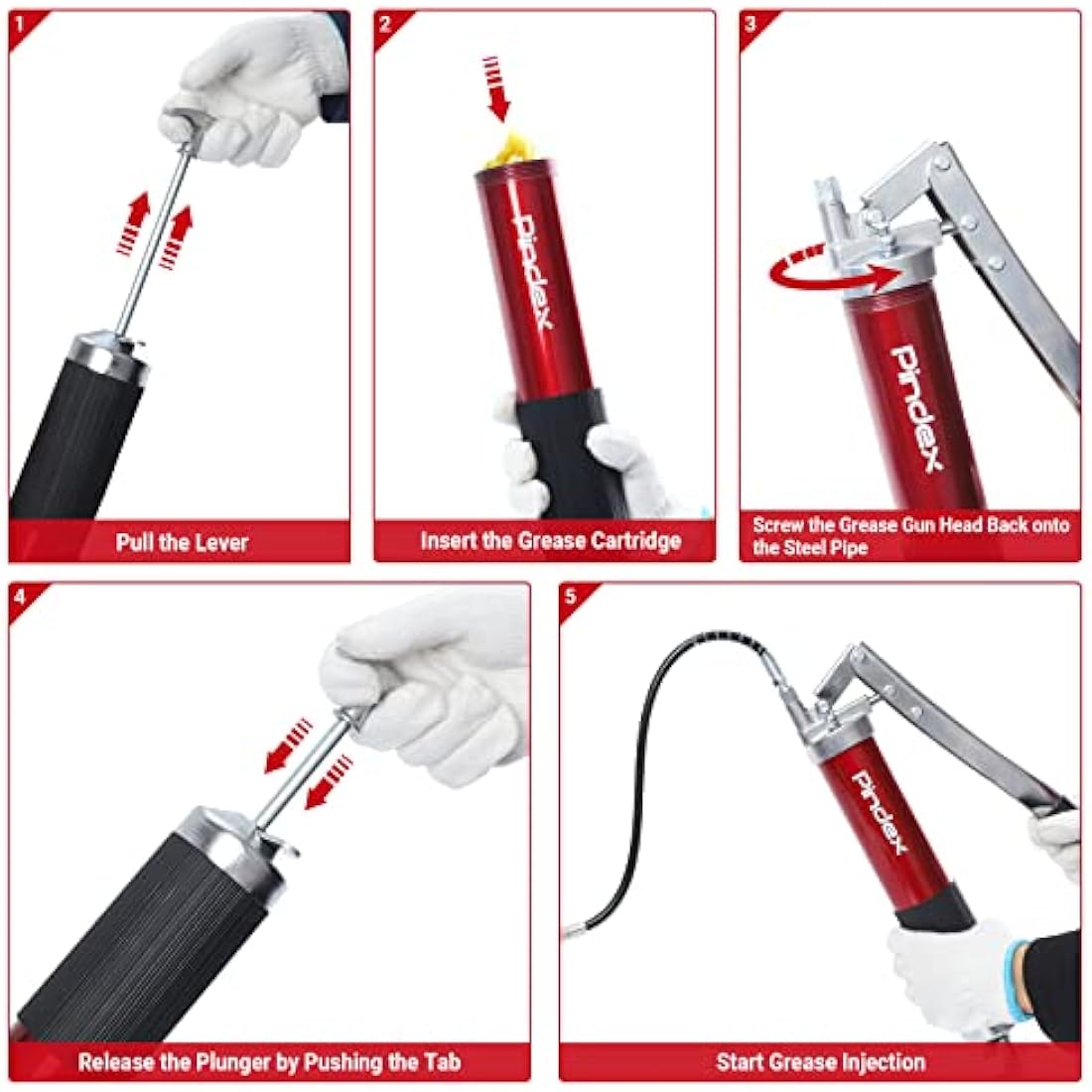 Pindex Grease Gun 8000 PSI Professional Pistol Grip with Flexible Hose Hand Lever Heavy Duty Manual Grease Gun Tool Fit 14oz Cartridge and Bulk for Heavy Equipment, Vehicles, & Machinery