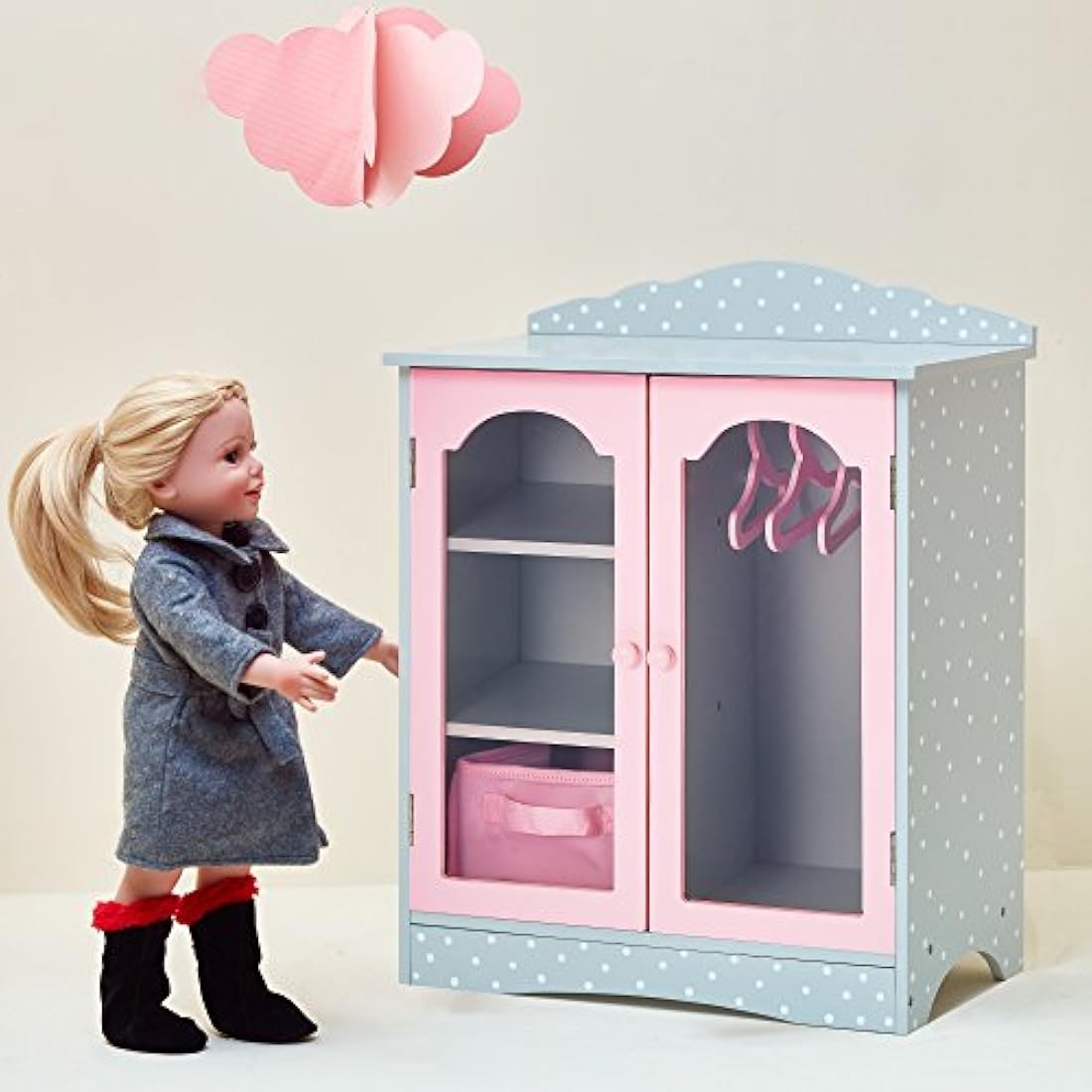 Olivia's Little World Polka Dot Princess Wooden Shaker-Style Double Closet for 18" Doll Wardrobes with Windowed Doors, Three Shelves, Hanging Space with Hangers, Grey/Pink