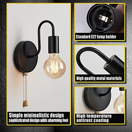 Lightess 2Pcs Wall Light with Switch Pull Cord Wall Lights E27 Socket, Retro Metal Iron Wall Sconces Industrial Wall Lamp for Bedroom Living Room Hallway (No Bulb, Black)