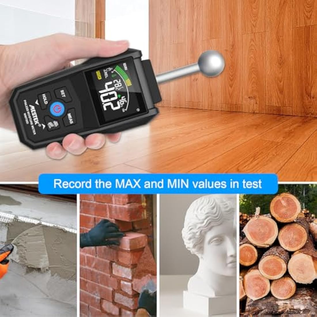 Moisture Meter,MESTEK Damp Meter,2 in 1 Damp Meter for Walls Pin & Pinless with Color LCD and Audible Alarm, Detects 20-40mm of Wall, Wood, Masonry, Concrete and Other Building Materials