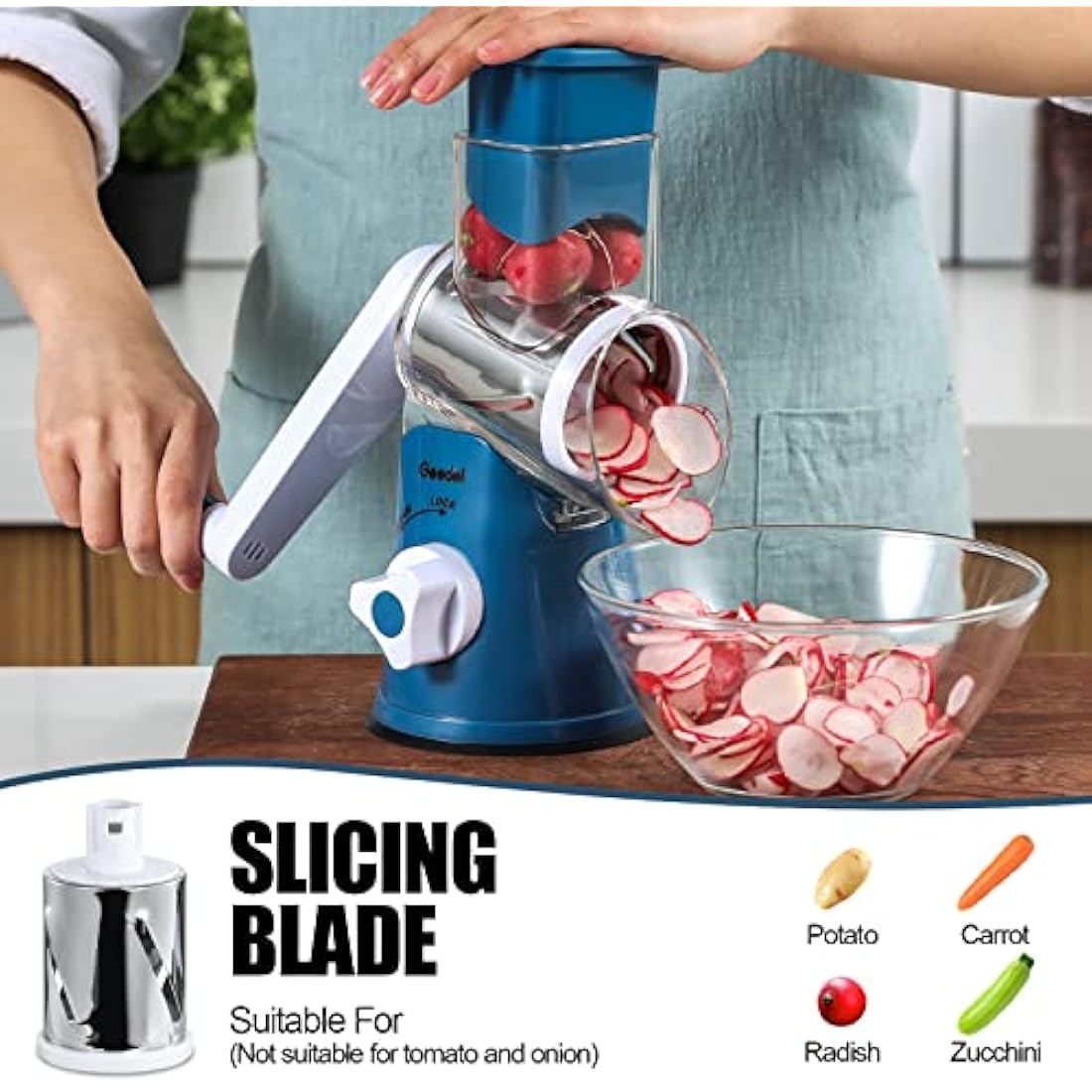 Rotary Cheese Grater, Vegetable Slicer with Three Drum Blades, Grater for Kitchen Faster and Easy Cutting, Rotary Drum Grater Ideal for Cheese, Cucumber, Carrot, Nuts, etc.