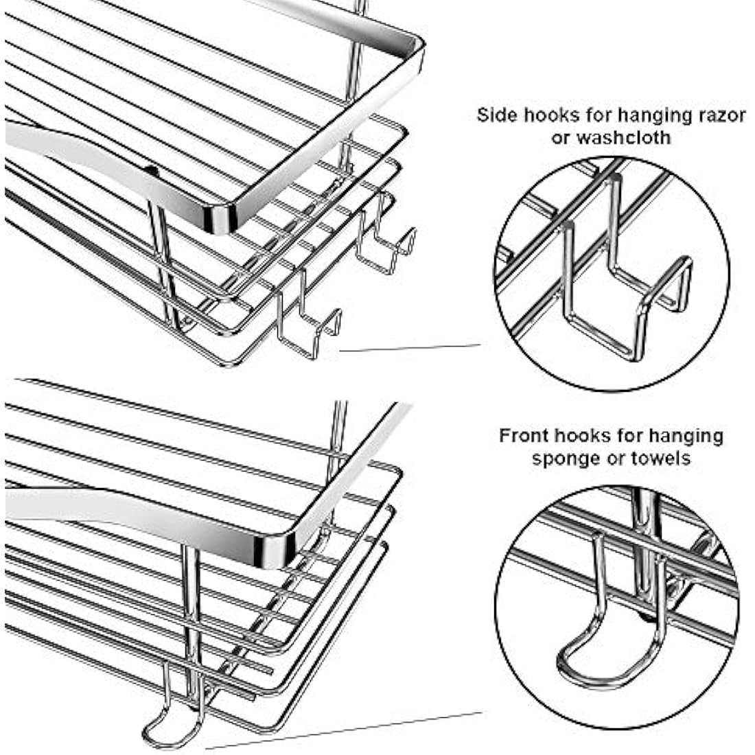 Orimade Shower Caddy Basket Soap Dish Holder Shelf with 5 Hooks Bathroom Organiser Shelf Kitchen Storage Rack Wall Mounted Adhesive No Drilling SUS304 Stainless Steel - 3 Pack