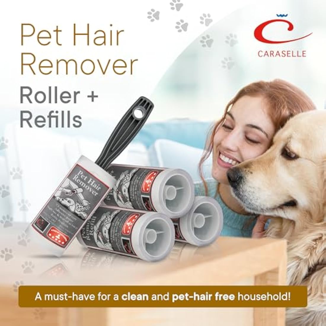 CARASELLE Pet Hair Remover Roller packed with Refills - 7.5 metres of Super Adhesive sheets - Picks up Lint, Hair & Debris! Multi-Purpose Dog Cat Hair Lint Roller (pack of 2 rollers + 7 refills)