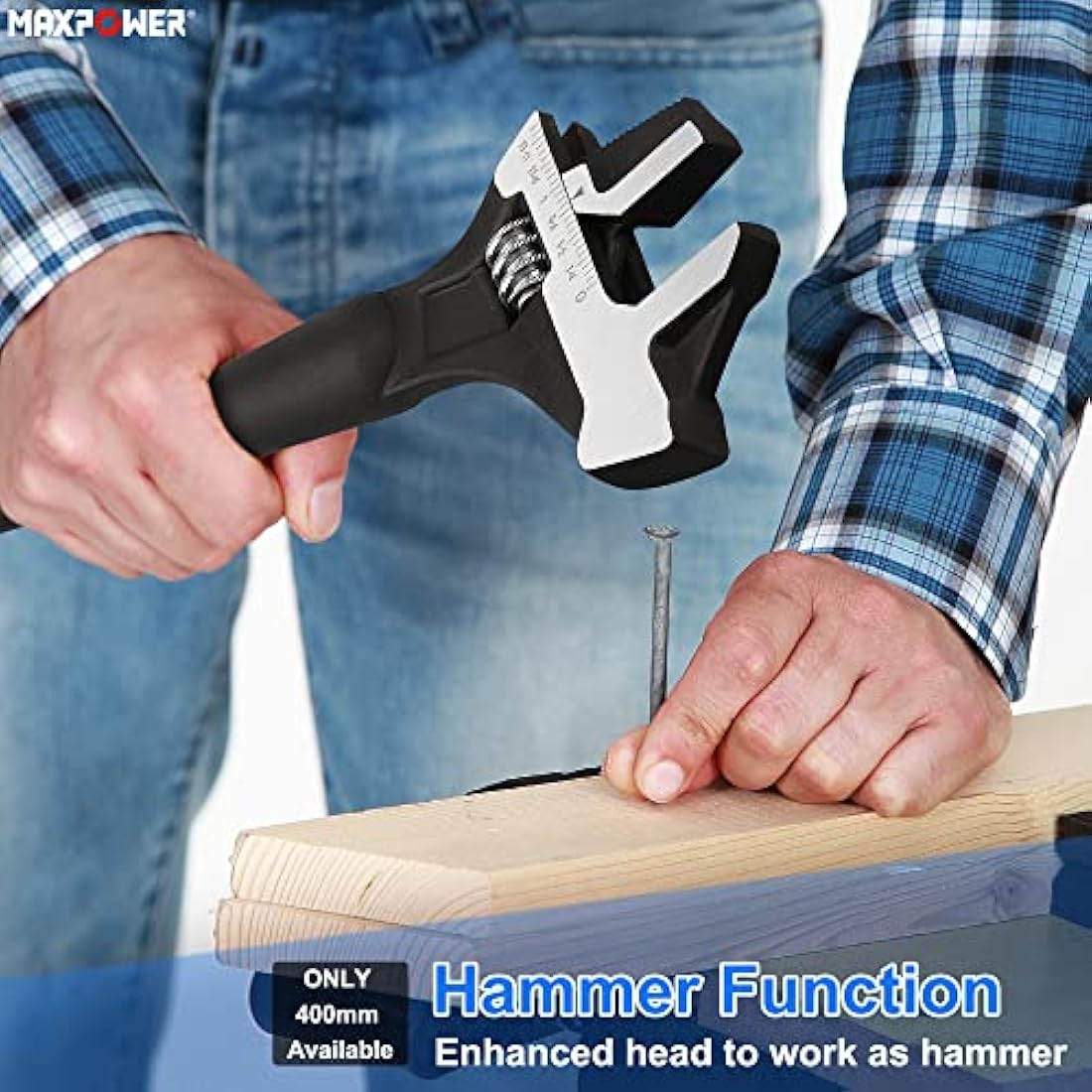 MAXPOWER Adjustable Spud Spanner Set, Adjustable Wrenches with 300mm Adjustable Spud Wrench & 400mm Reversible Jaw Adjustable Spanner with Hammer & Pipe Wrench Function