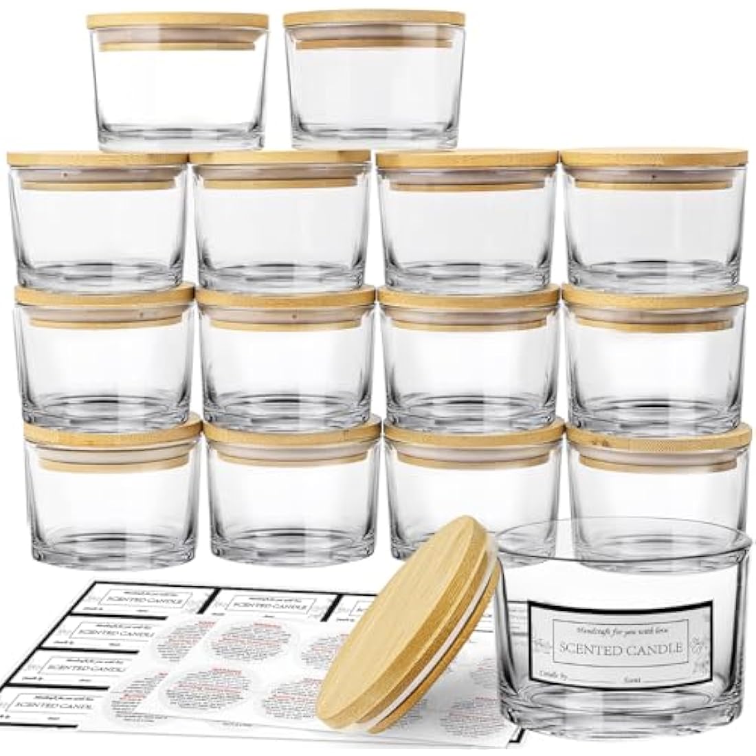 CONNOO 15 Pack 4 OZ Clear Glass Candle Jars with Airtight Bamboo Lids, Bulk Small Wide Mouth Empty Candle Containers with Sticky Warning Labels - Dishwasher Safe