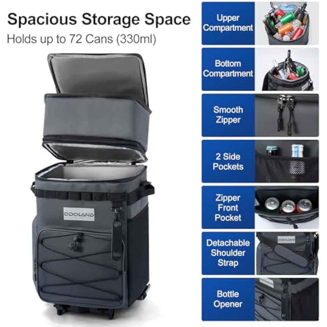 Odoland Cooler Box on Wheels, Leakproof Insulated Soft Rolling Cooler Bag with Stable All Terrain Cart and Handle Collapsible for Camping Beach Fishing Picnic with 6 Ice Cold Pack