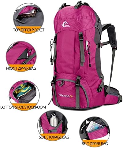 Bseash 60L Waterproof Hiking Camping Backpack with Rain Cover, Lightweight Outdoor Sport Travel Daypack Rucksack for Climbing Skiing