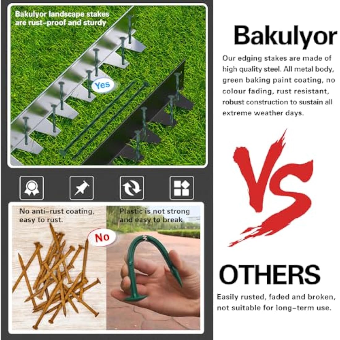 Bakulyor 100 Pack Metal Landscape Stakes, 8 Inch Artificial Grass Spikes, 6 Gauge Large Landscaping Staples, Green Edging Anchor Stake for Garden Ground Grass Lawn Paver Timber Border Weed Barrier 8"